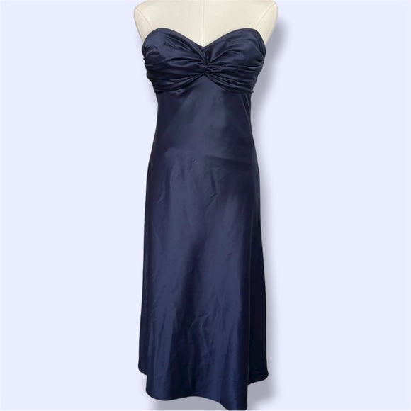 Dessy Collection Navy Blue Satin Bridesmaid Wedding Guest Dress - Picture 1 of 6